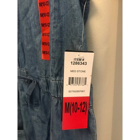 Bebe Romper Stone Denim Girls Med 10-12 Adjustable Straps Pockets Elastic Waist - Picture 3 of 7
